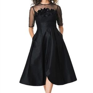 Eshakti silk duponi black dress, bodice underlay, floral netting overlay